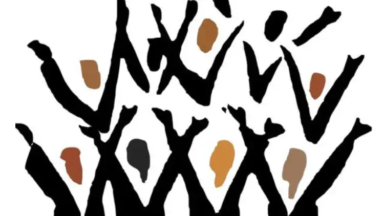Painting of people putting their hands in the air in a white background.