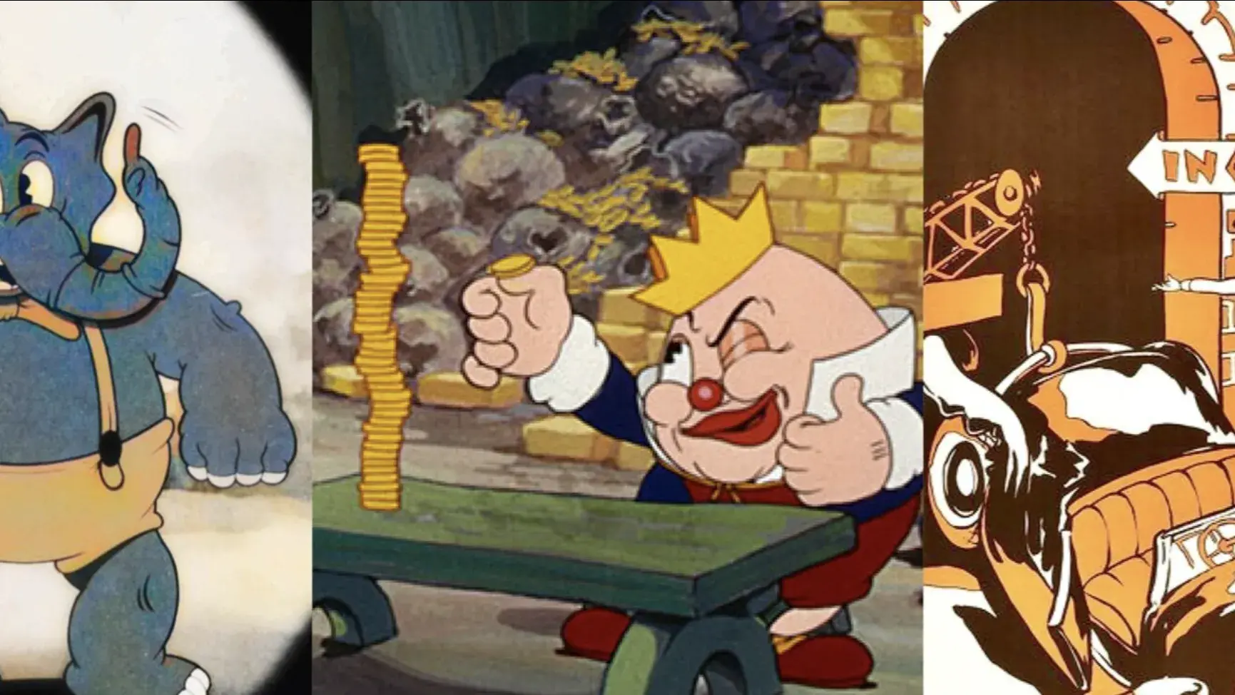 Three images of cartoons: a standing elephant wearing overalls, a king counting coins, and Betty Boop working at a garage.