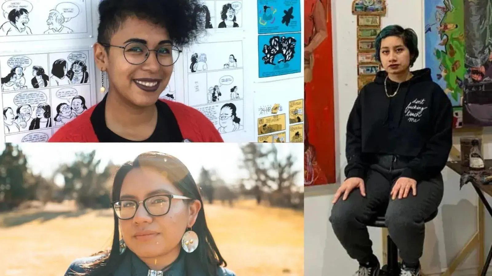 3 photos of artists: Carmen Selam, Breena Nuñez, and Kiara Machado