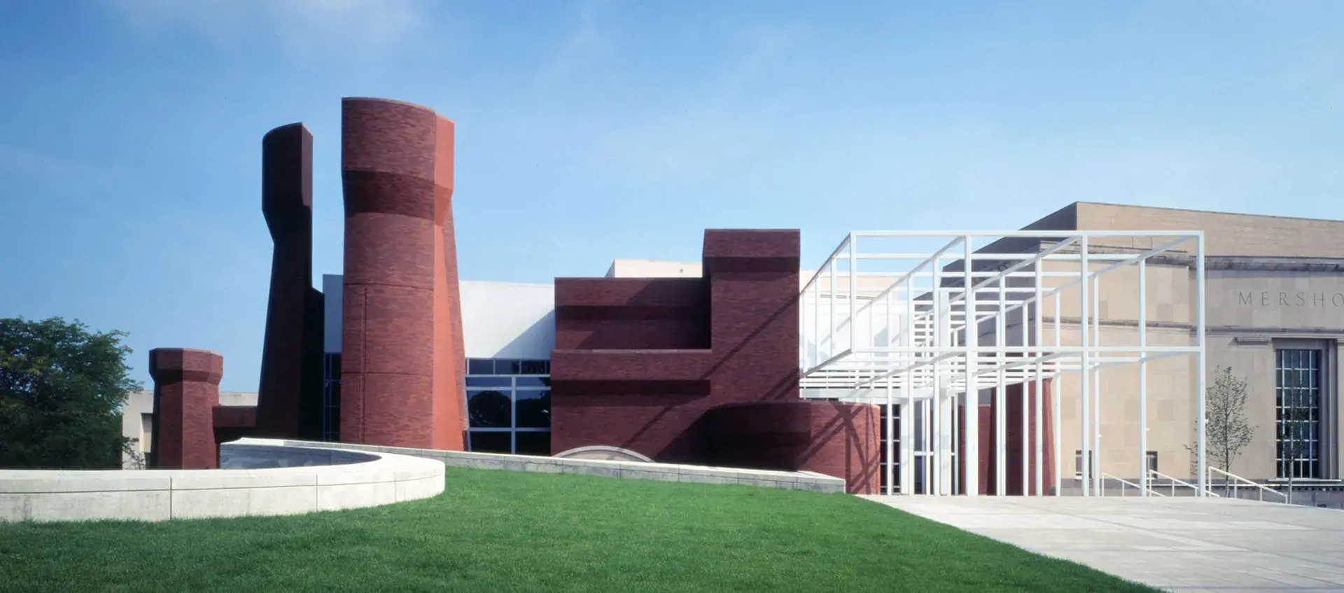 Wexner Center for the Arts, with brick turrets and a white grid