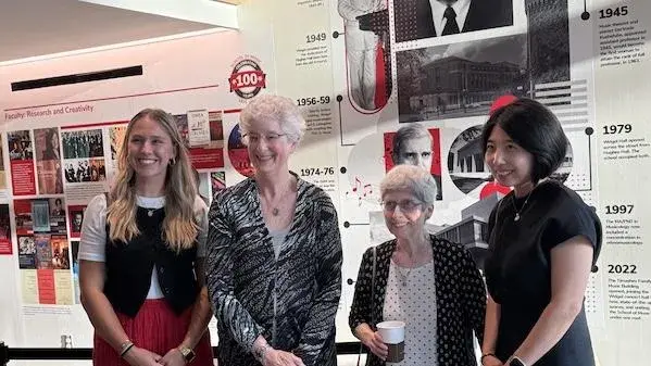 Four women stand in front of a timeline wall