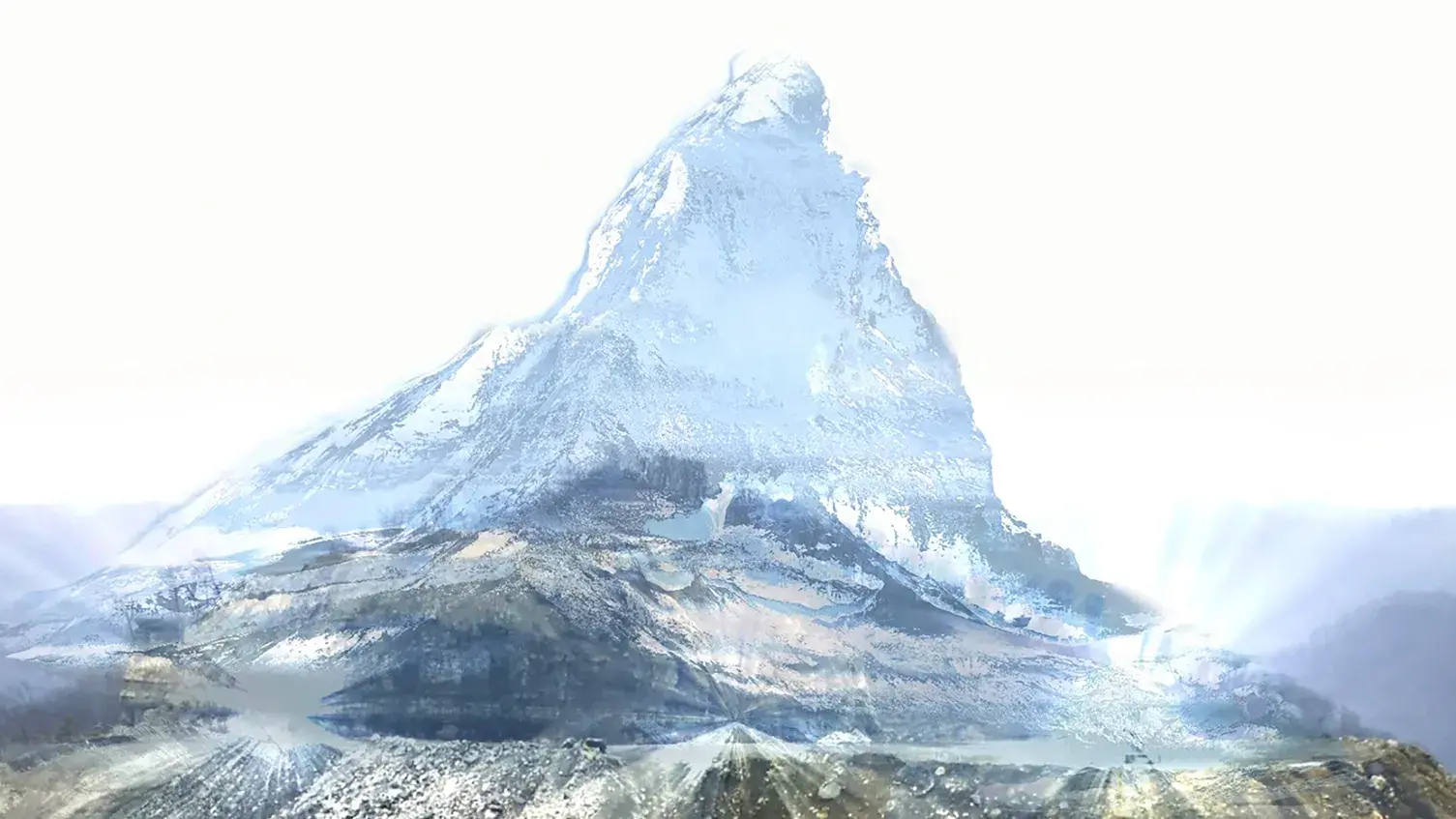 Image of a barren mountain with road cuts and a partially flattened top. A holographic projection of a snowy mountain peak is superimposed over it.