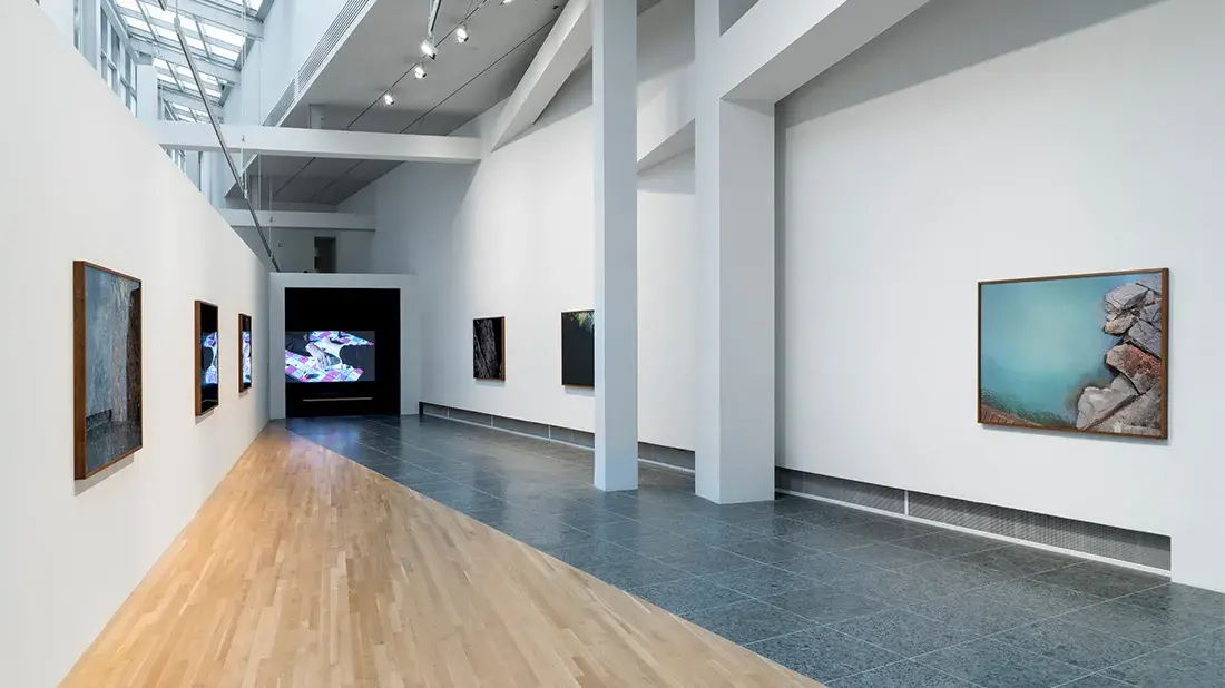 Framed closeup landscape photographs hang on opposite walls in a long gallery lit by skylights. A video plays in an alcove on the far wall.