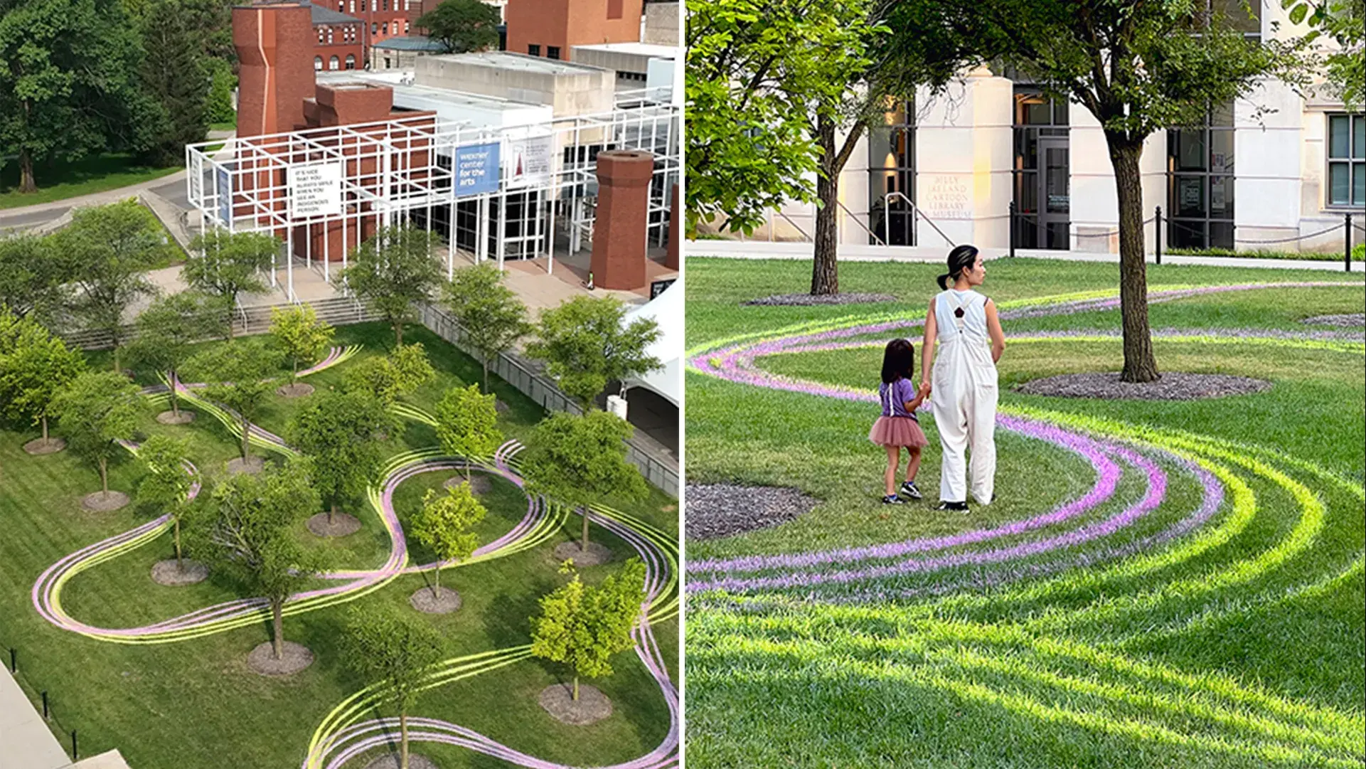 On the left is an aerial photo of a painted lawn. On the right, an adult and child walk on a lawn painted with pink, yellow, and white lines. The lines curve around the trees and overlap one another.