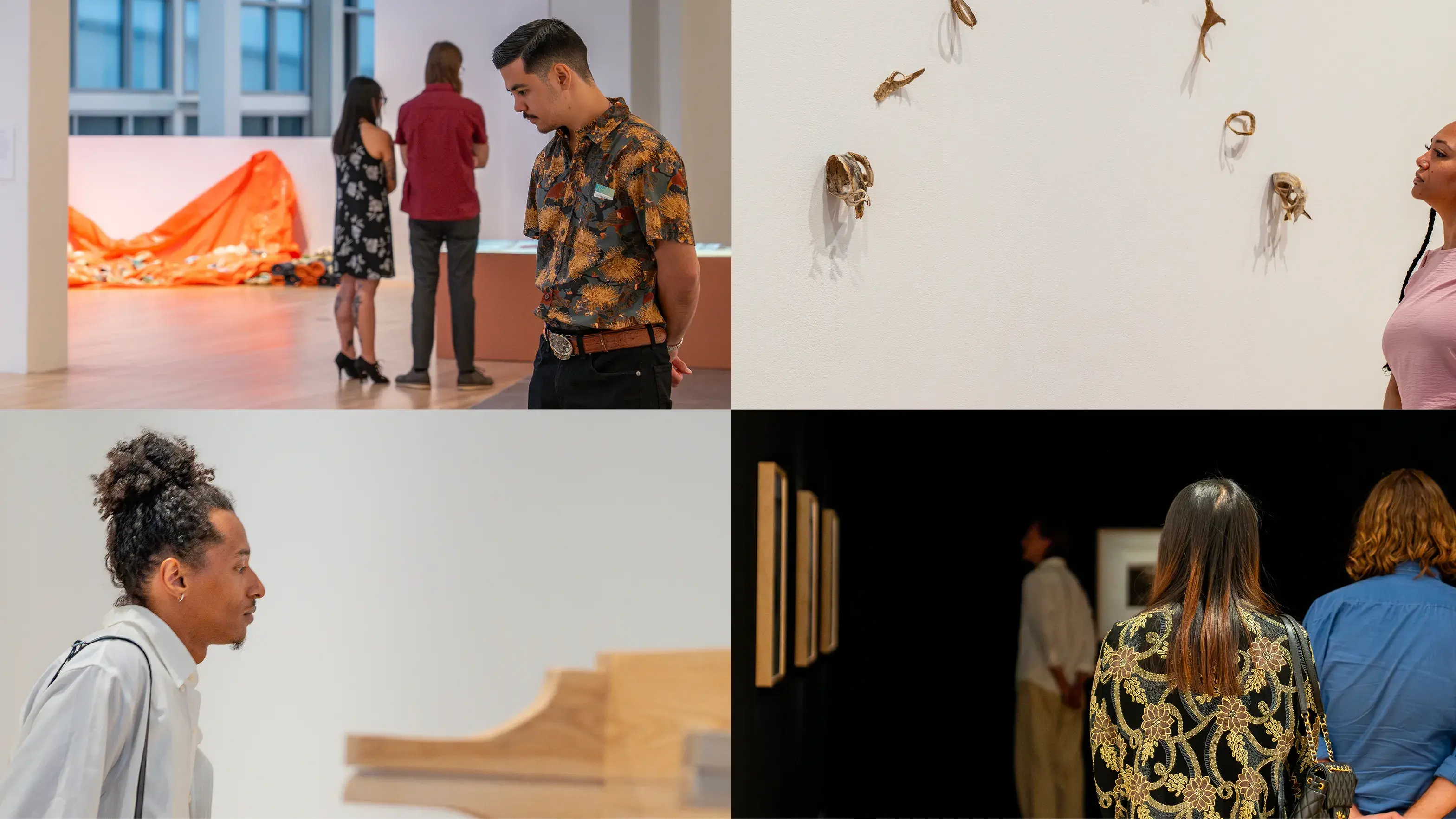 A collage of four images, each with a person looking at an exhibition in the Wexner Center for the Arts.