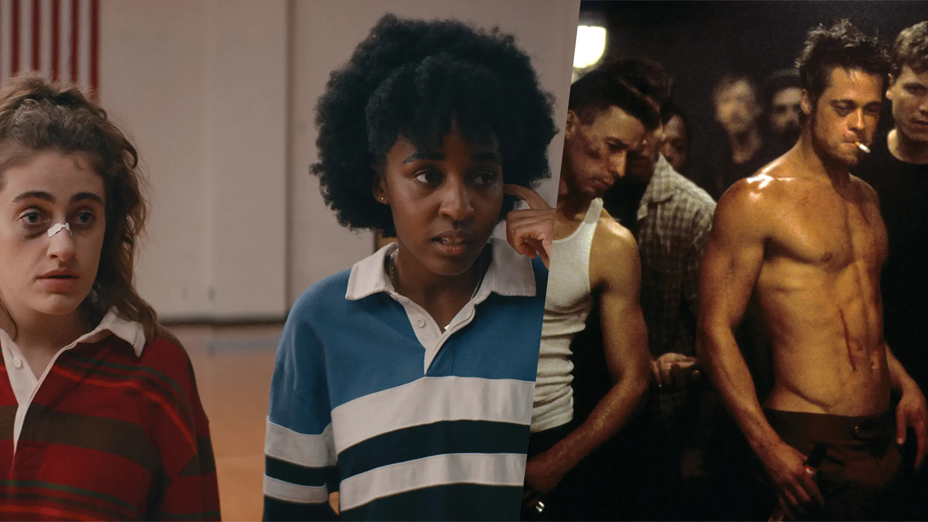 On the left side, two actresses from the movie Bottoms look off screen. One is recovering from a black eye. On the right, actors from Fight Club are in a dimly lit room, looking toward the ground.