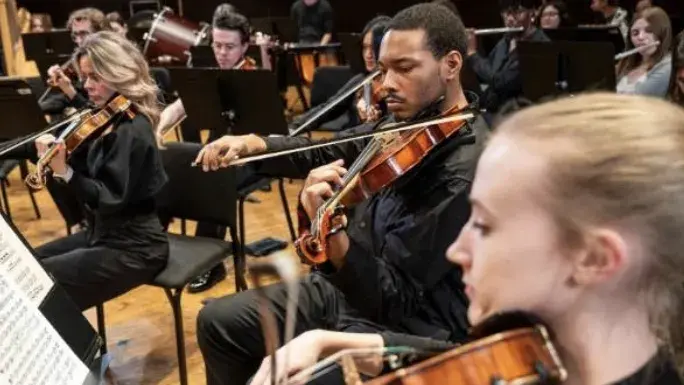 Orchestra members playing the violin. 