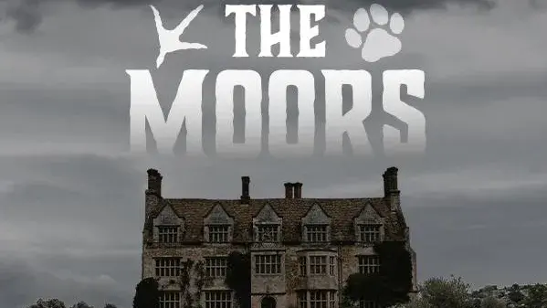 The words &quot;The Moors&quot; sits above a large, old house with gray skies above