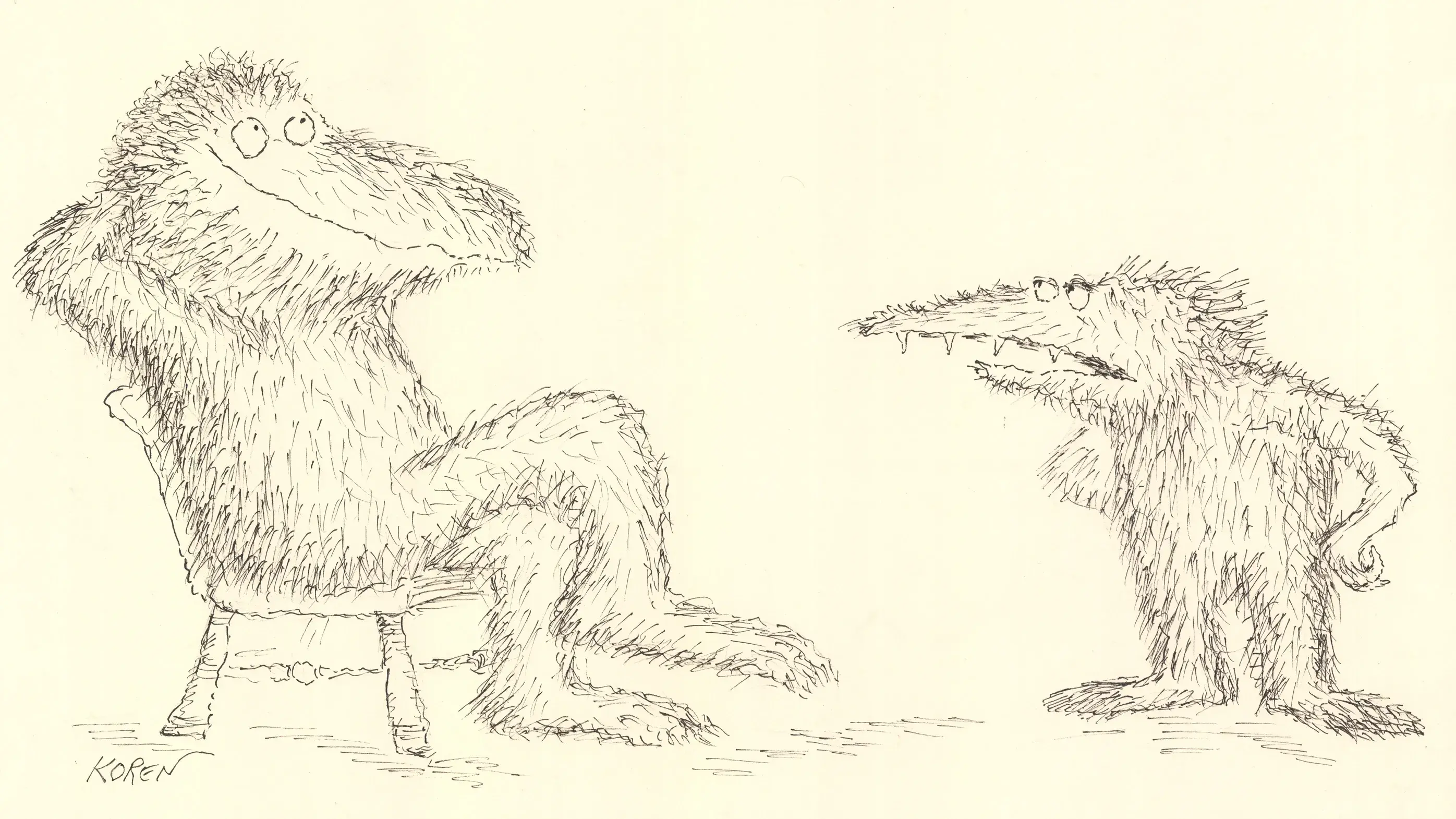 Black and white cartoon sketch of furry creatures. One is sitting on a chair smiling and the other is talking to it with its hands on its hips