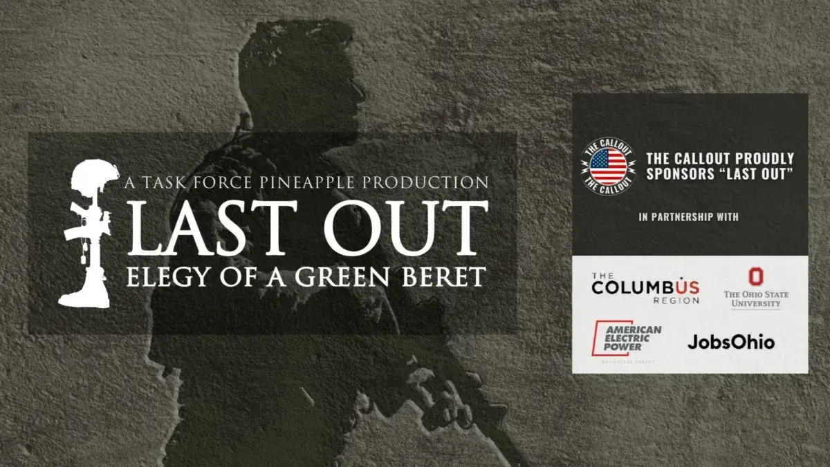 Gray silhouette of a soldier behind the words "Last Out: Elegy of a Green Beret."