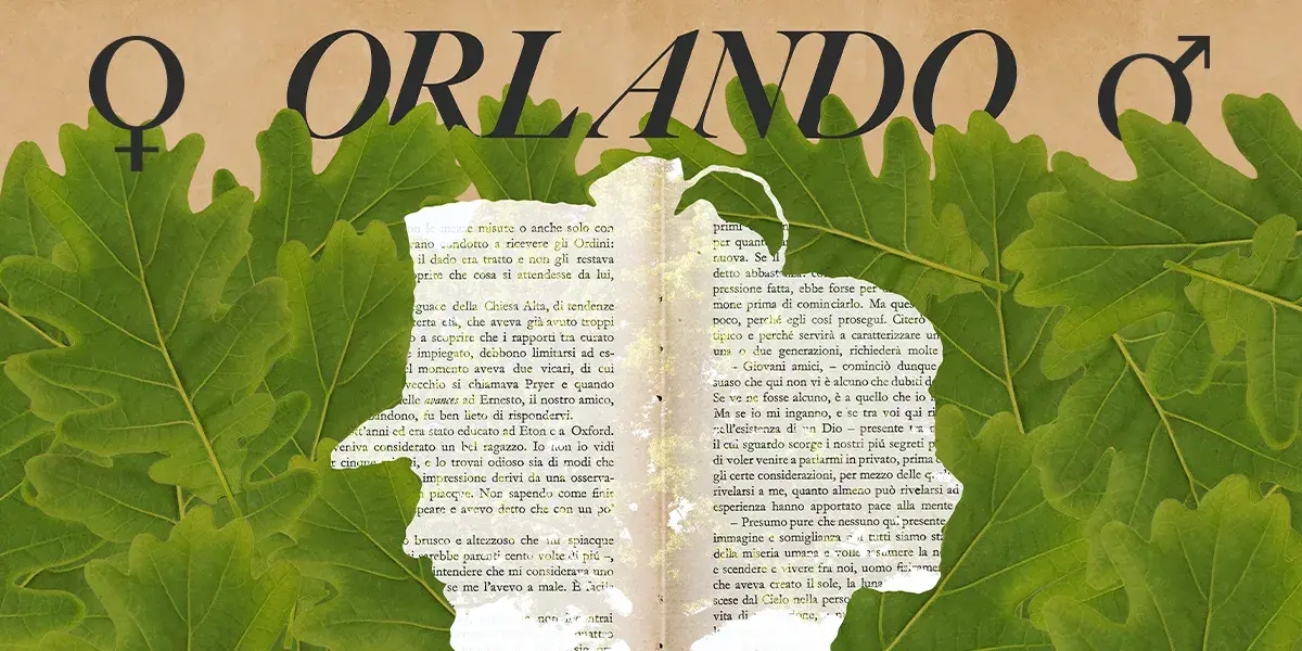 Image of pages of a book turned into silhouettes of heads of a man and a woman, back to back. There are green leaves around them and the word Orlando at the top.