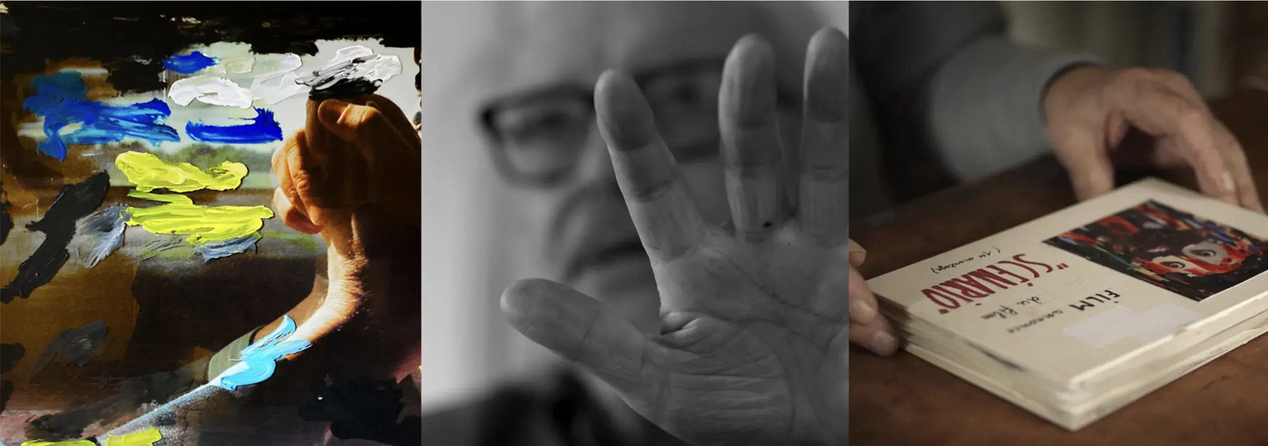Three images, one of an abstract painting, one of an older man with only his outstretched hand in focus, and a book on a table.