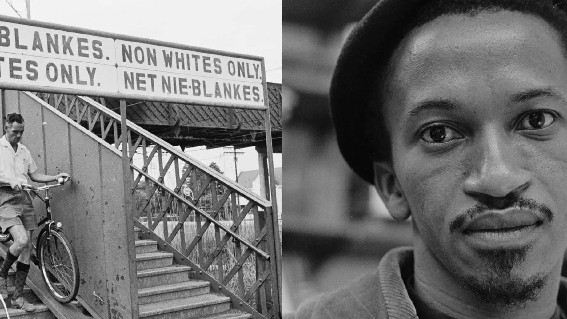 Two men descending a staircase, one carrying a bicycle under a whites only sign. Right is a close up of a Black man's face. 