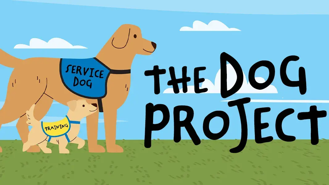 Image of a large and small dog wearing "Service Dog" harnesses. The words "The Dog Project" are to the right.