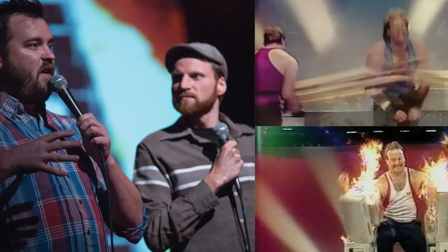 Two men with microphones on stage; two smaller images show a man breaking boards and another breaking flaming cement blocks.