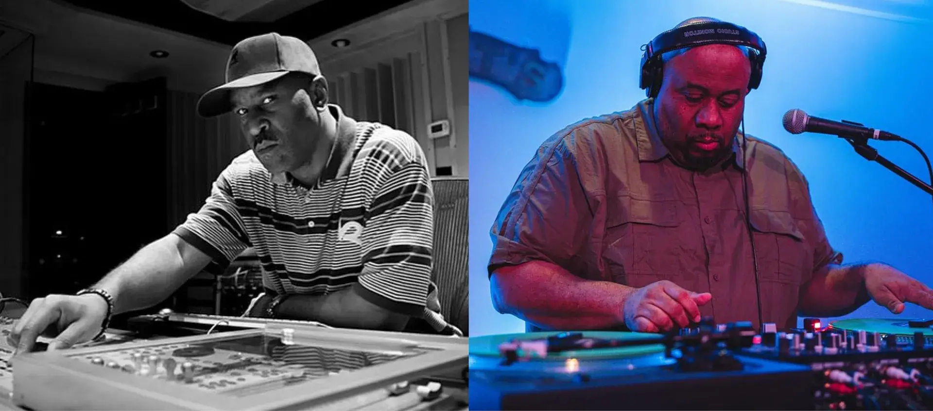 Collage of a black-and-white photo of Easy Mo Bee in a sound studio and Jason Rawls with two turntables and a microphone.