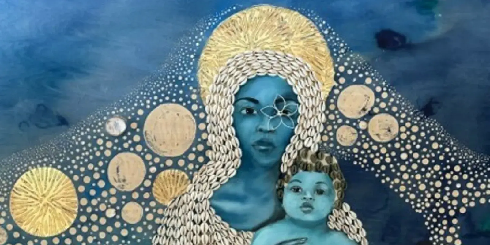 Image of artwork in blues and yellow showing a woman and an infant, with cowrie shells and circles surrounding them.