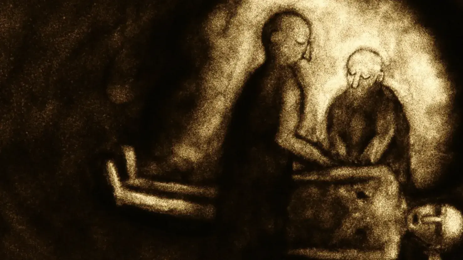 A painted image of two men standing above a dead body that they are preparing for burial. 