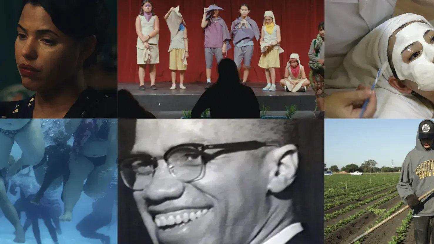 Six stills from films in the festival arranged in a grid. 