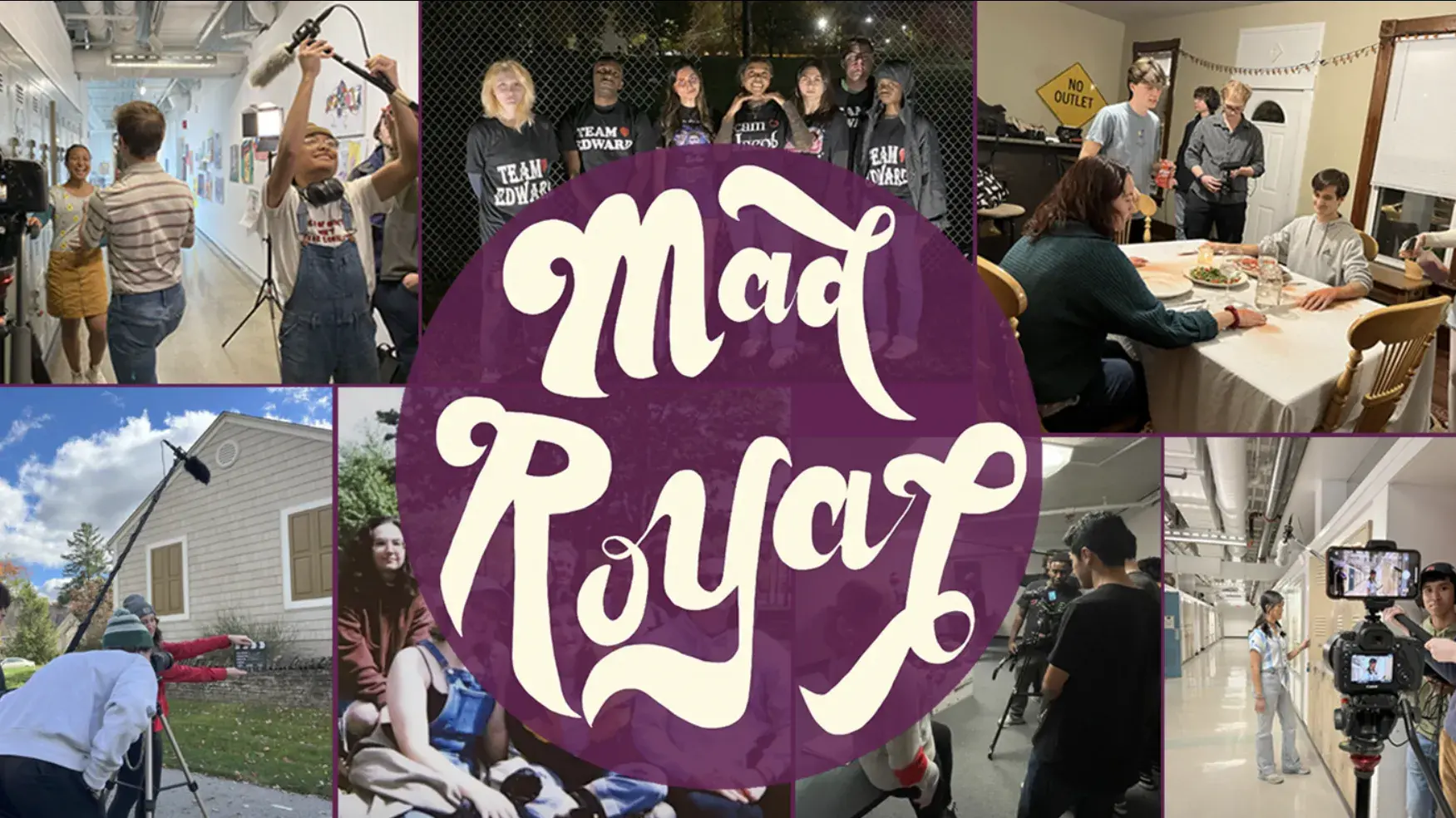 A grid of various photographs of Ohio State students making films behind a purple Mad Royal logo. 