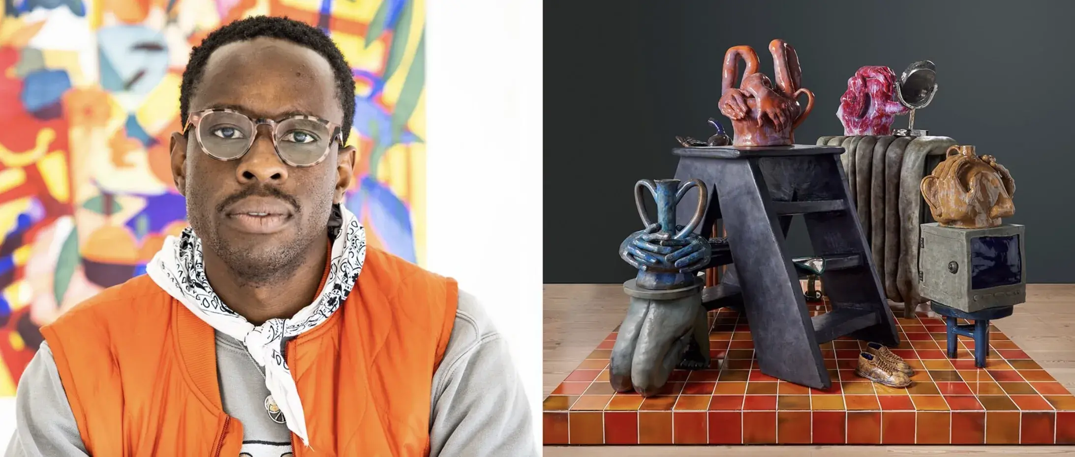 Collage image of Woody De Othello's portrait and an assemblage of ceramic and bronze sculptures on a tiled plinth.