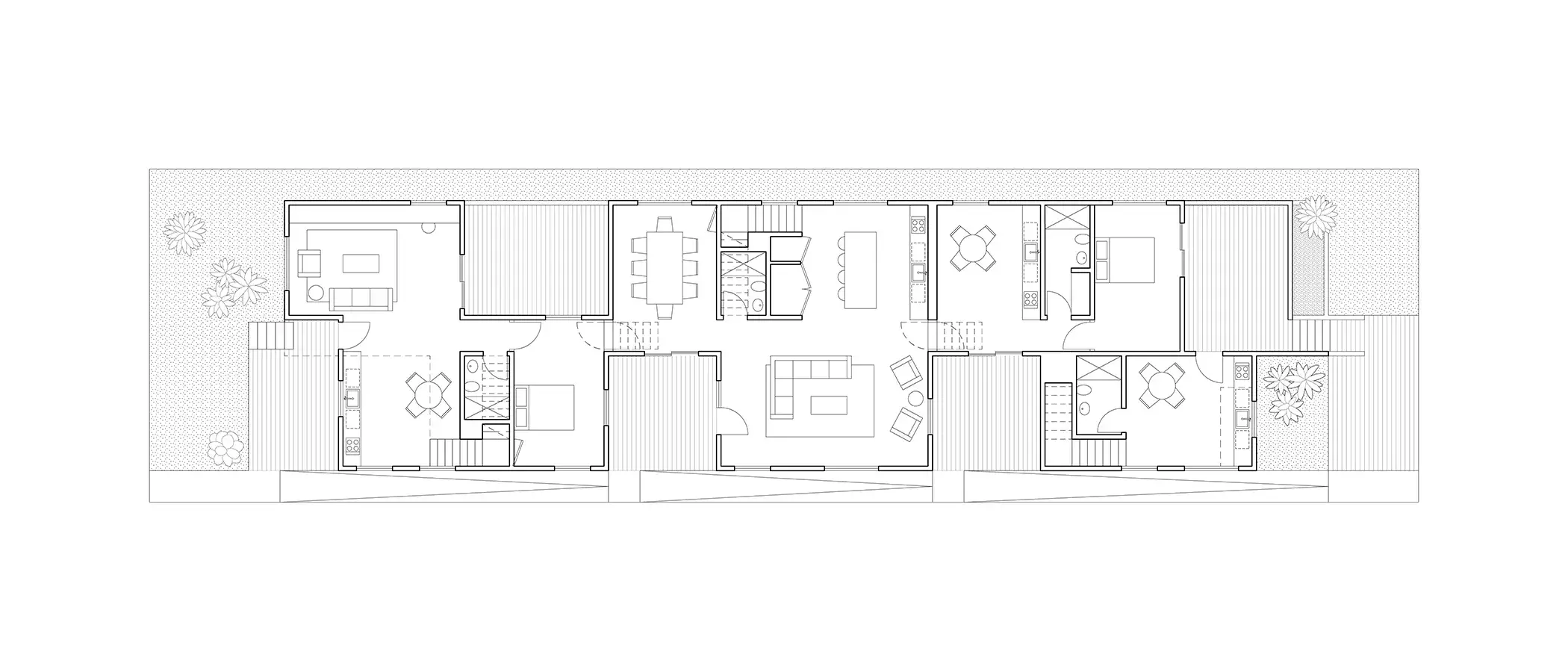 Architectural plan of a long, narrow, multi-family building