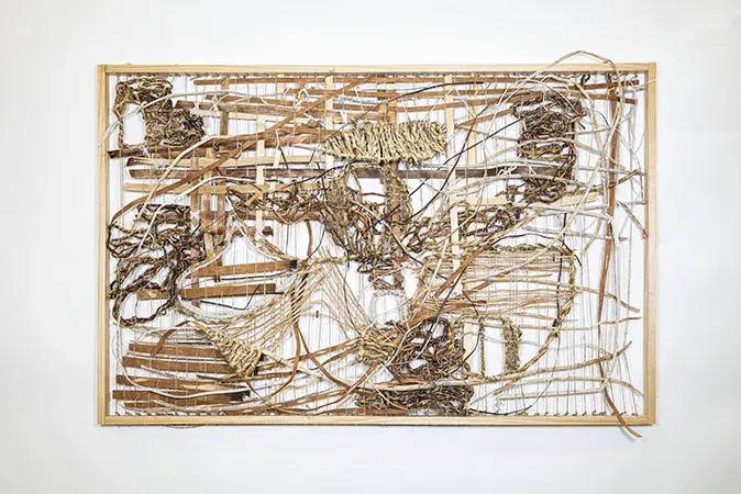 Artwork made from natural materials woven into an abstract design within a wood frame.