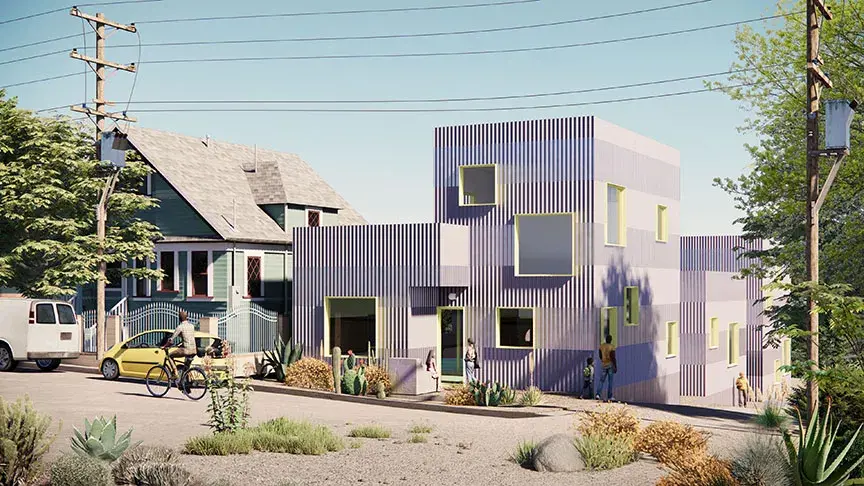 Rendering of boxy light purple and yellow building on a residential street