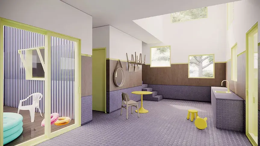 Rendering of interior residential space with windows and lots of light