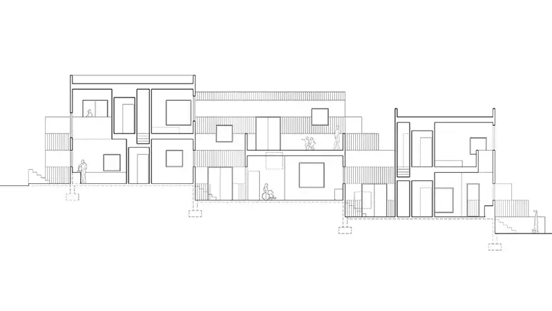 Architectural section of a long, narrow, multi-family building