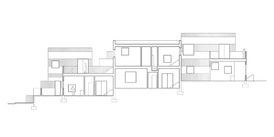 Architectural section of a long, narrow, multi-family building