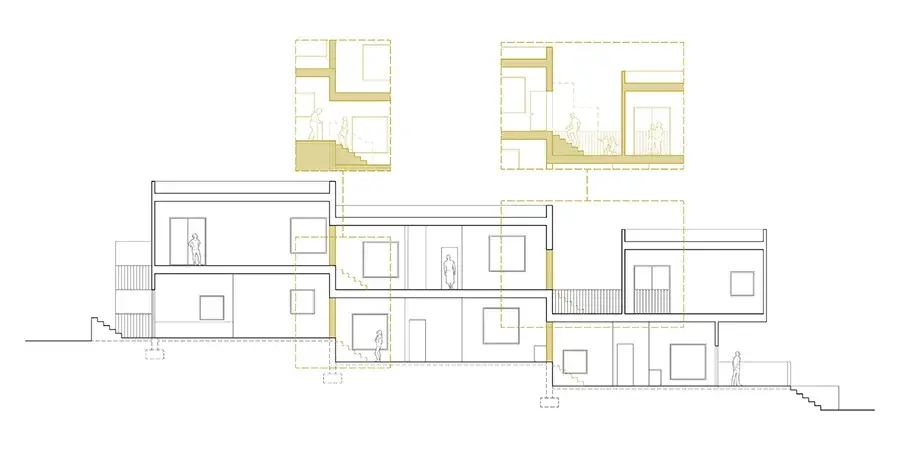 Architectural section of a long, narrow, multi-family building with additional details