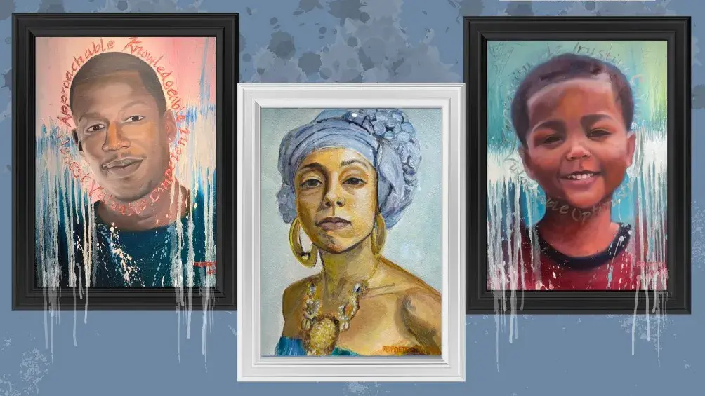 Three framed portraits of Black individuals against a blue background