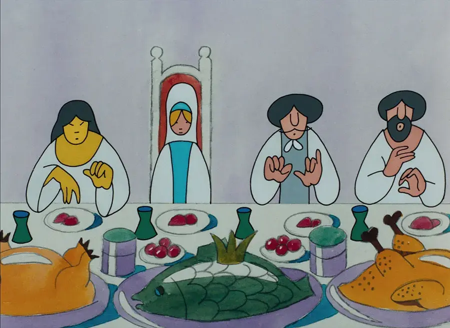 An animated image of four people sitting at a large table filled with food.