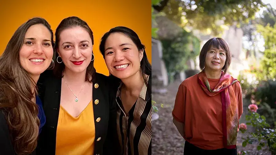3 women smiling in front of an orange background on the left side and one woman outdoors on the right side