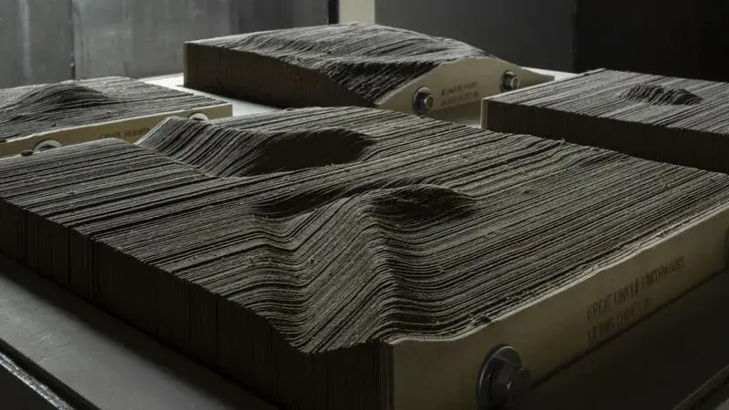 layers of corrugated cardboard rest against each other to form a topological landscape