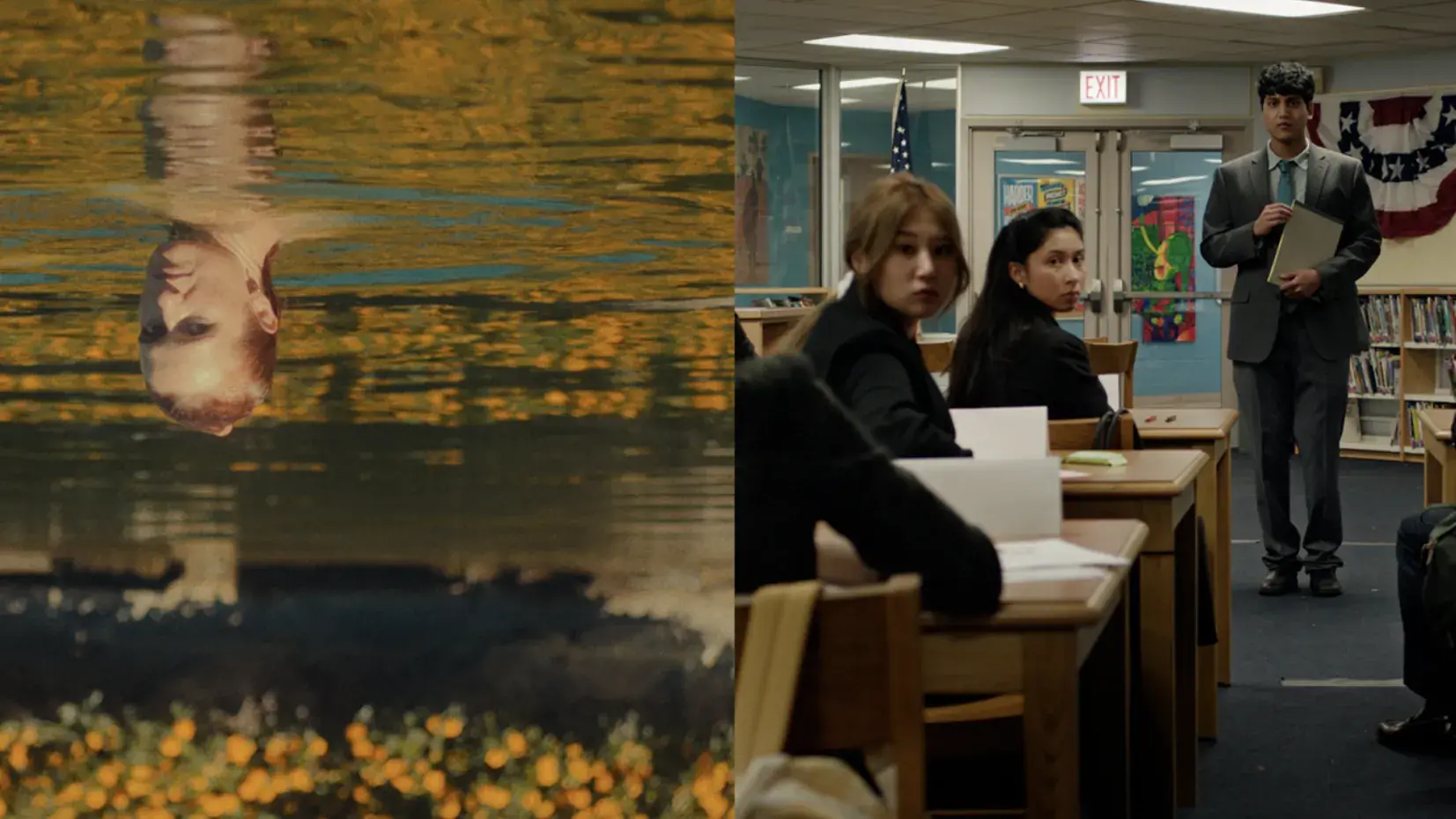 Left side showing a upside down image of a woman swimming above water and the right side showing a group of students in a classroom giving a blank stare.