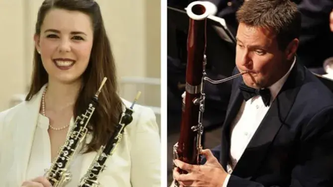 Woman on the left with a oboe on each hand and a guy playing the bassoon on the right. 