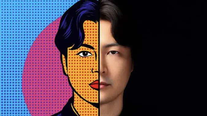 A pop art image of the man's left side of his face and a actual portrait of the right side of the man's face. 