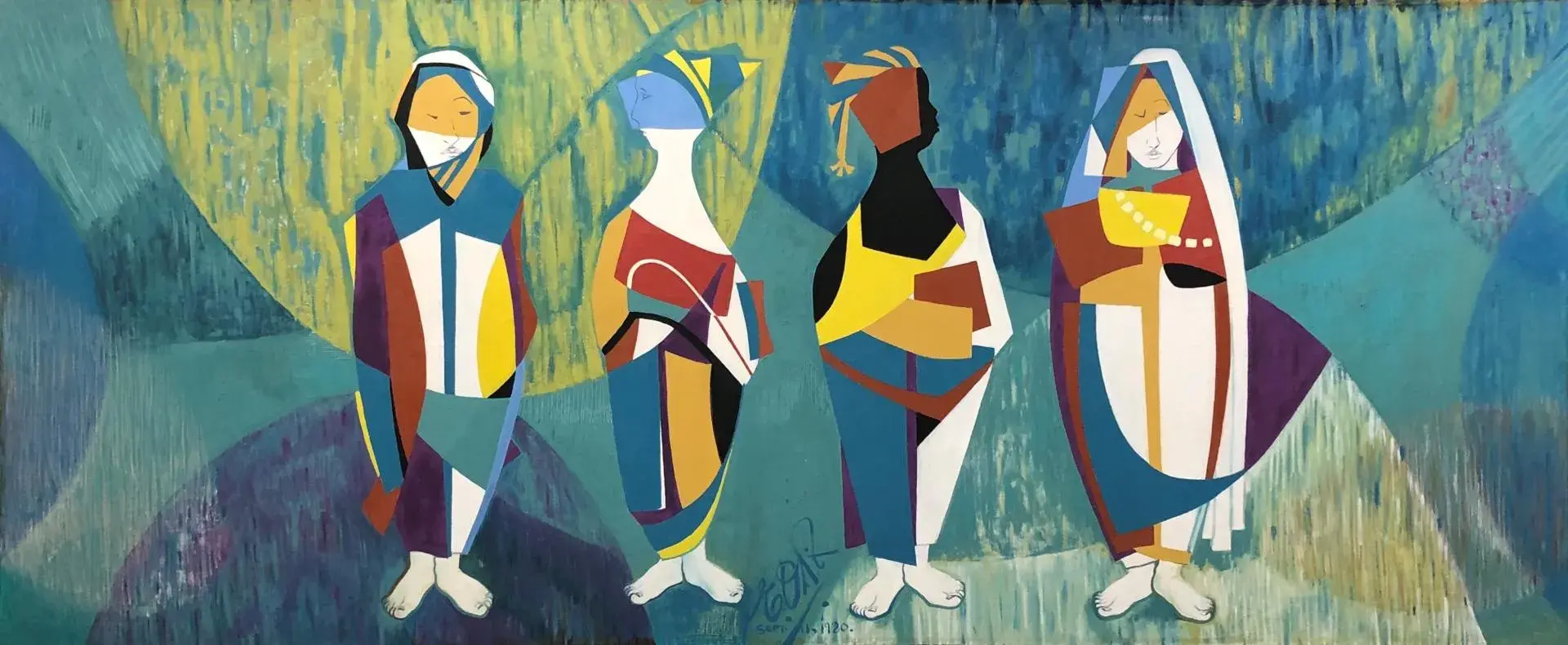 Painting of four stylized people against a blue and green background