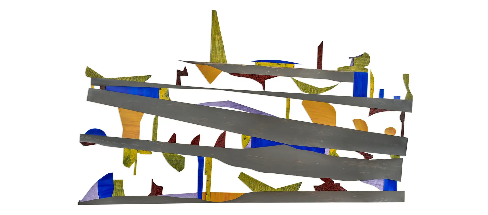Painting with gray bars and small shapes in yellows, greens, blues and reds