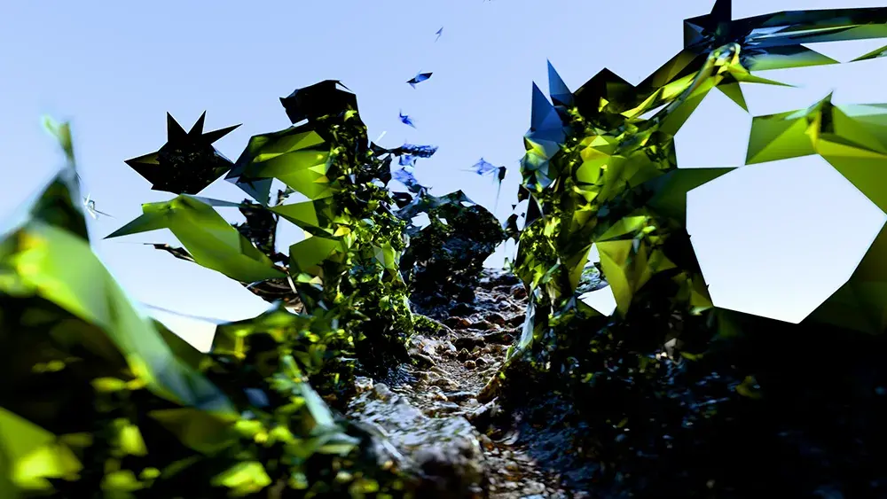 Digitally created image that looks like greenish shapes against a light blue sky