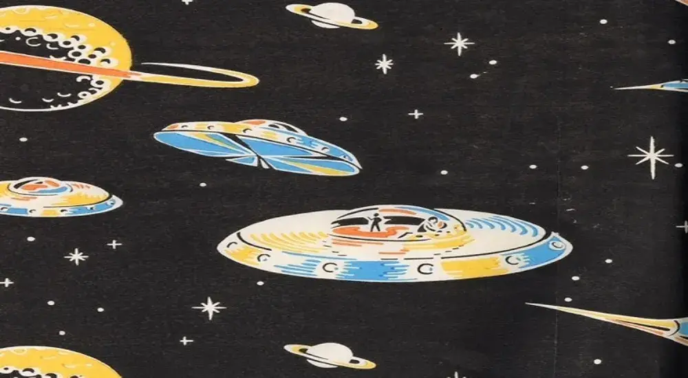 Illustration of UFOs and planets against a black background