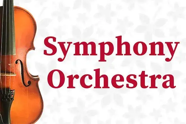 Cut off photo of a stringed instrument and the words "Symphony Orchestra" in red