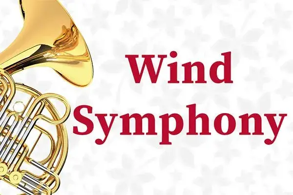 A brass instrument extends out of the frame next to the words "Wind Symphony"