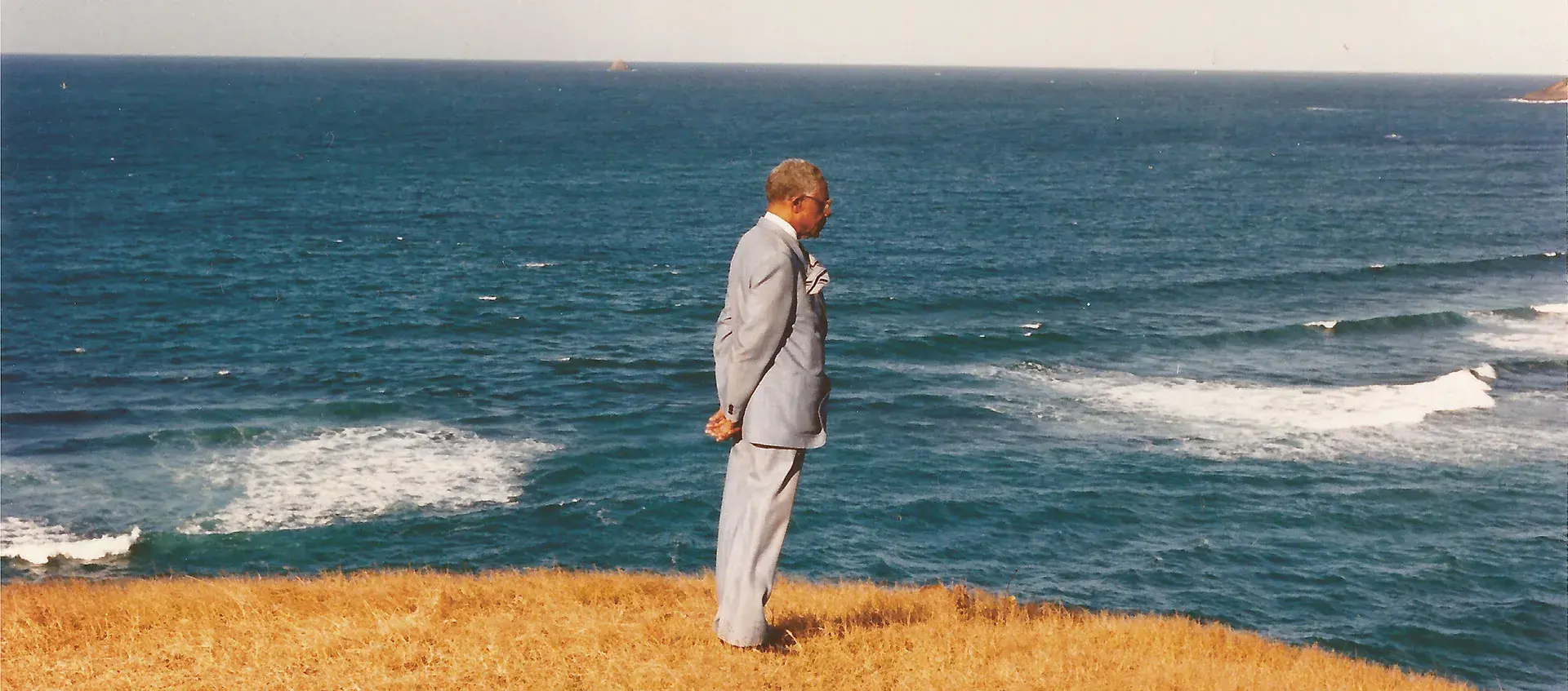 A man in a gray suit stands on a grassy cliff overlooking the ocean, with waves and blue water visible in the background.