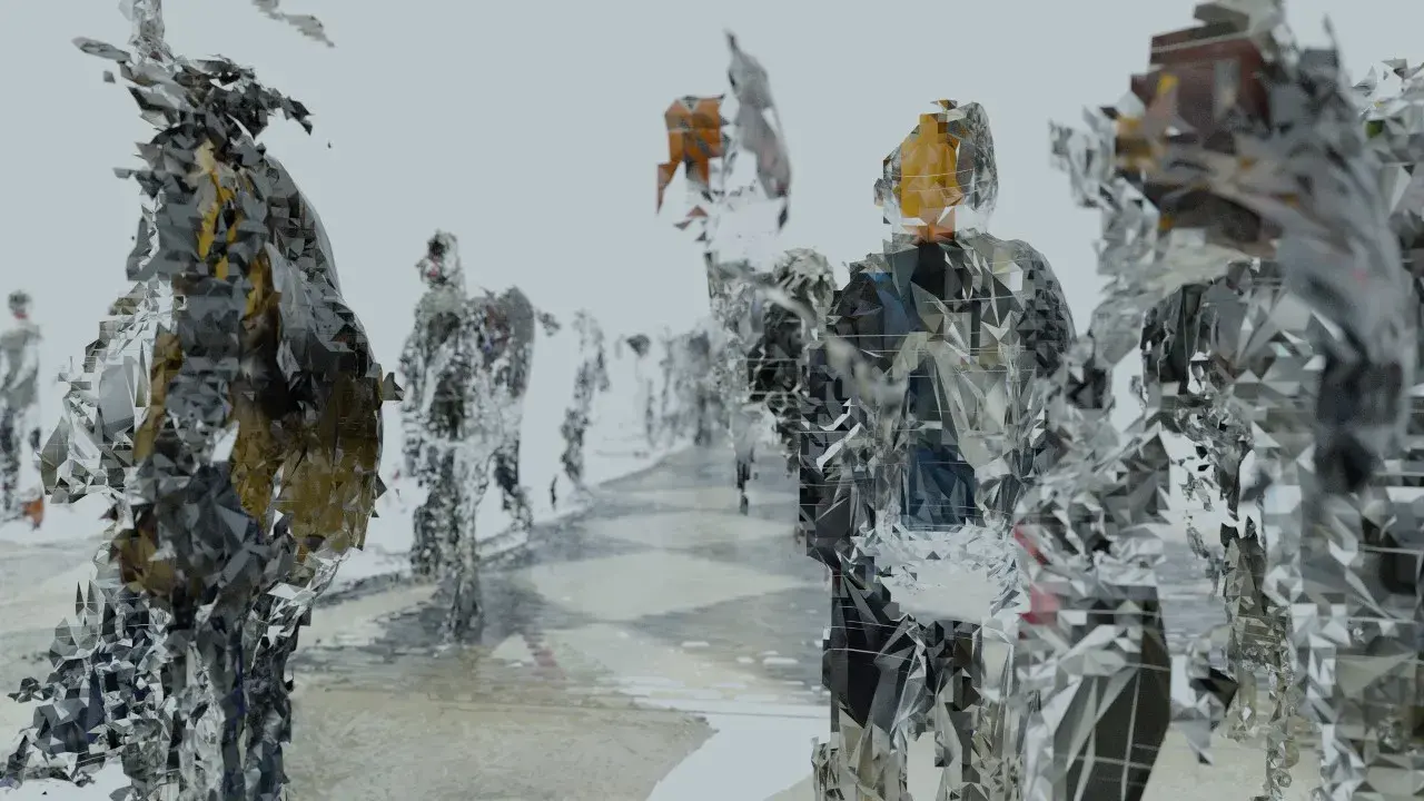 Digitally created image that looks reminiscent of people made of geometric shapes