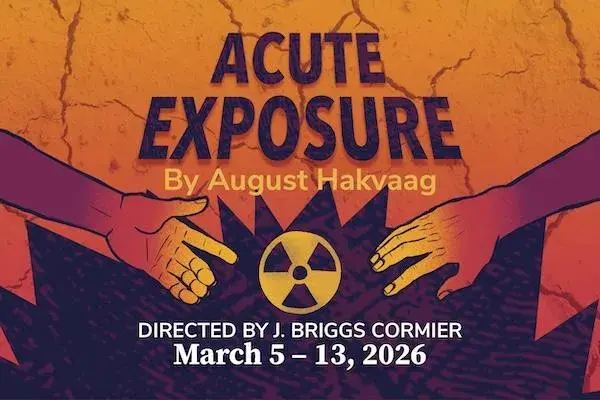 Graphic with the words "Acute Exposure by August Hakvaag" over two hands reaching towards the center with the nuclear symbol in the middle