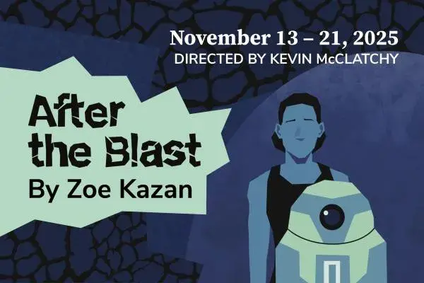 Blue-colored graphic with a man standing behind a Star Wars robot and the words "After the Blast by Zoe Kazan"