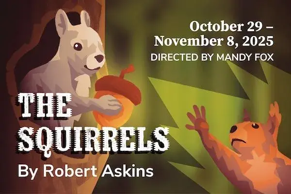 Graphic of a squirrel holding an acorn and another squirrel reaching out towards it.